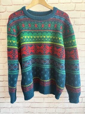 Original Use Multicolor Fair Isle Crewneck Sweater - Teal, Red, Green, Yellow
